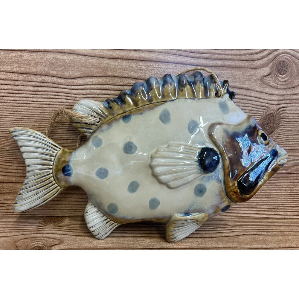 Ceramic Glazed Fish Wall Hanging Beige Brown Blue Polka Dots 14.5